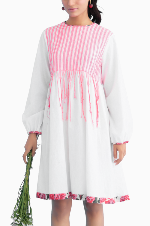 White Candy Stripes Pintuck Shift Dress