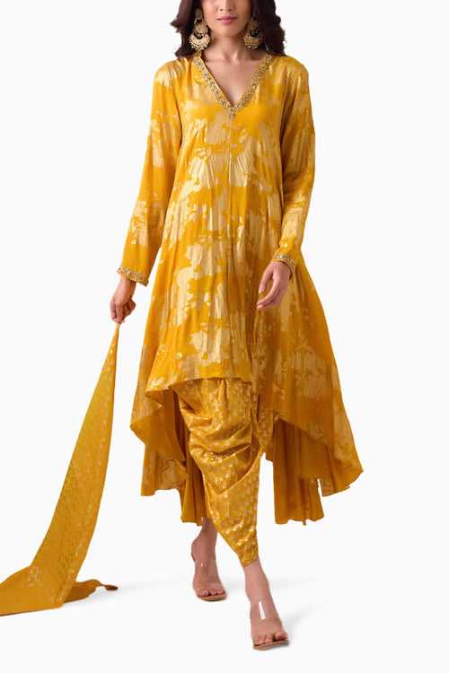 Haldi Phool Long Asymmetrical Foil Kurta Set