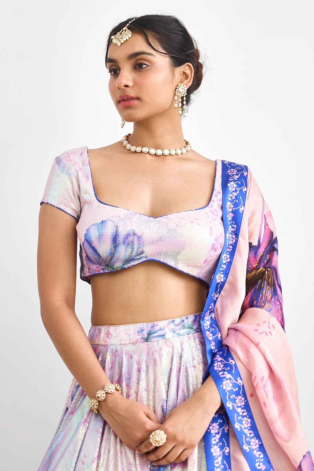 Lavender Twilight Sequins Lehenga Set with Printed Dupatta