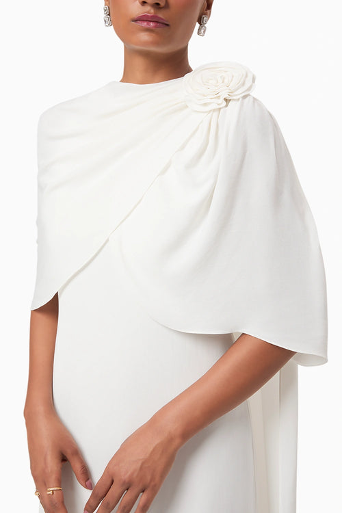 Ivory Rosette Draped Shoulder Gown