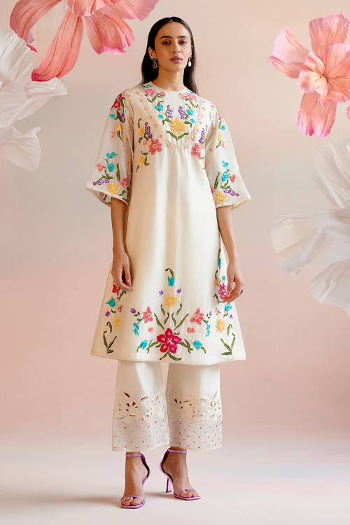 Ivory Floral Embroidered Yoke Detail Kurta and Pant