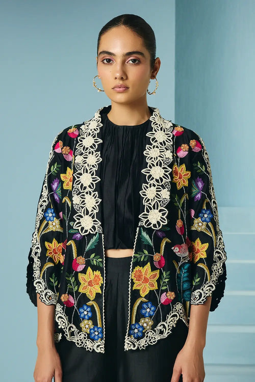 Black Floral Foliage Flared Jacket With Pants