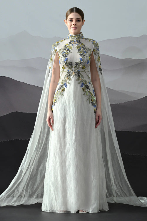 Ivory Gown With Hand-Embroidered Florals And Ethereal Overlay