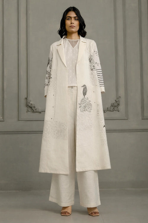 Ivory Embroidered Linen Jacket with Top And Flared Pants