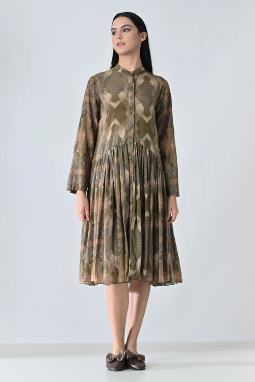 Beige Printed Pleated Dress