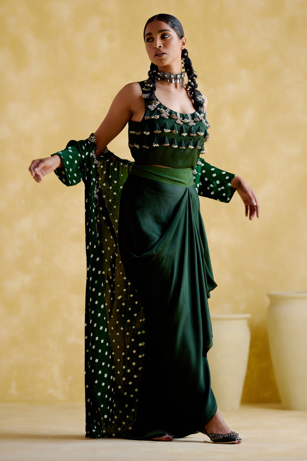 Malini Green Bandhini Jacket with Blouse and Skirt