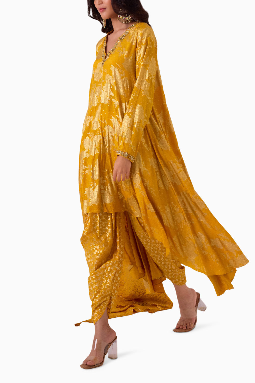 Haldi Phool Long Asymmetrical Foil Kurta Set