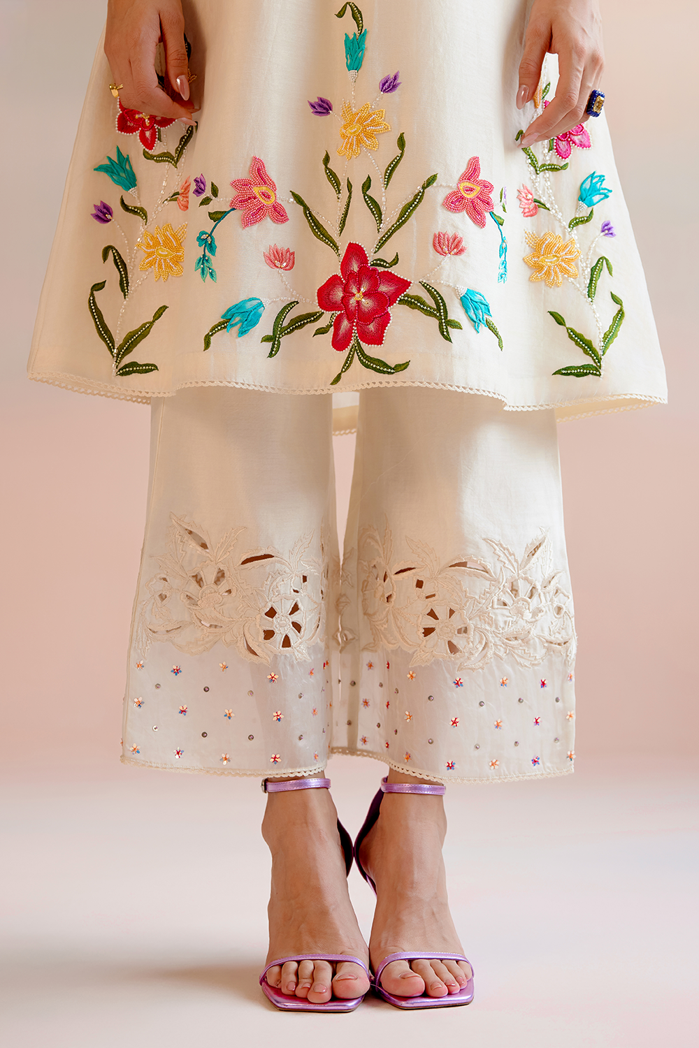 Ivory Floral Embroidered Yoke Detail Kurta and Pant