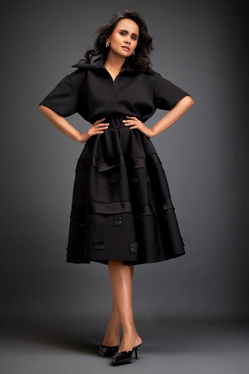 Black Verdant Whisper Belted Midi Dress