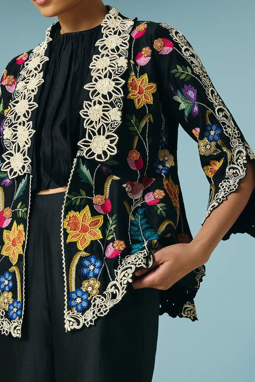 Black Floral Foliage Flared Jacket