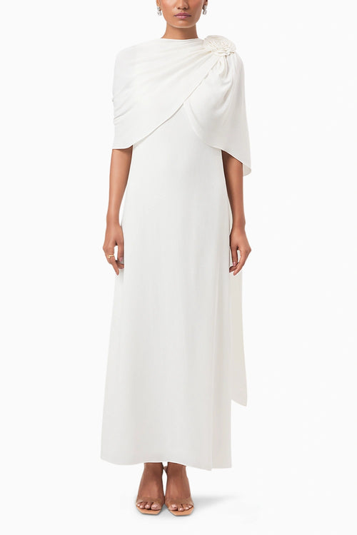 Ivory Rosette Draped Shoulder Gown