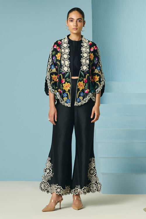 Black Floral Foliage Flared Jacket With Pants
