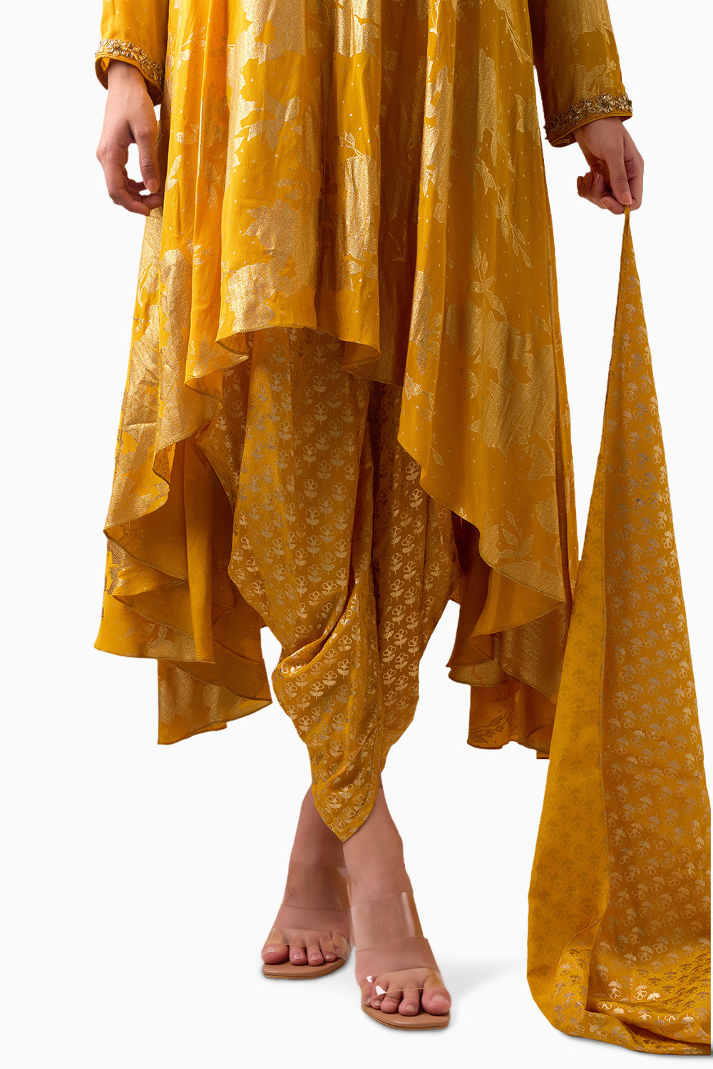 Haldi Phool Long Asymmetrical Foil Kurta Set