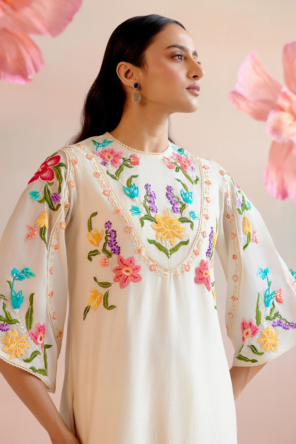 Ivory Floral Embroidered Yoke Detail Kurta and Pant