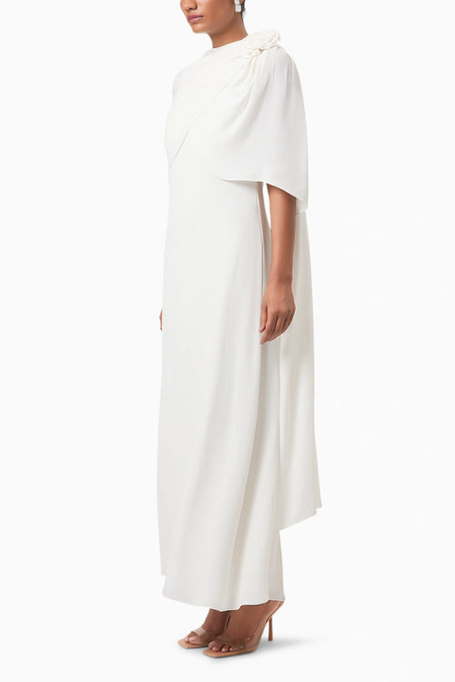 Ivory Rosette Draped Shoulder Gown