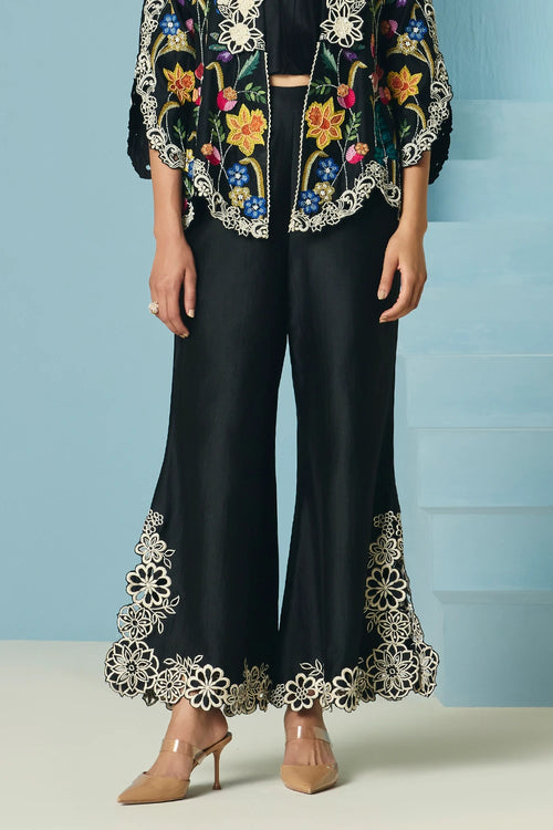 Black Contrast Cutwork Bell Bottom Pants