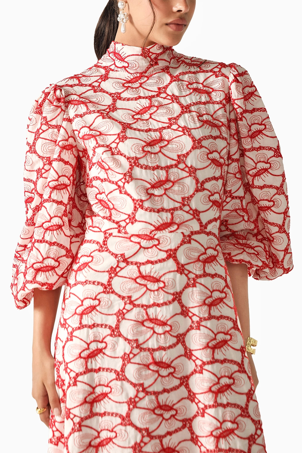Harper Red-White Schiffli Dress