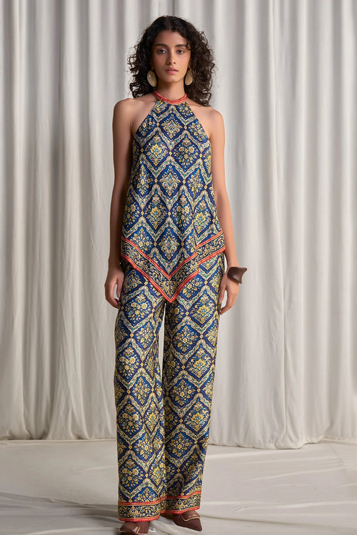 Halter Neck Scarf Print Top With Pant Set
