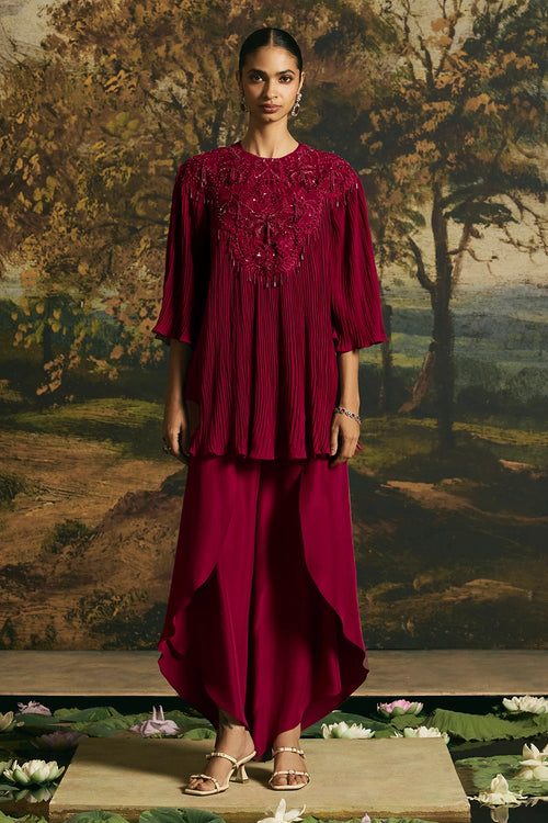 Cherry Red Cutwork Textured Tunic With Tulip Pants
