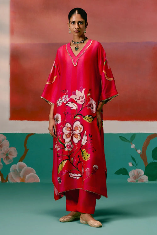 Fuschia Striped Floral Kaftan Set
