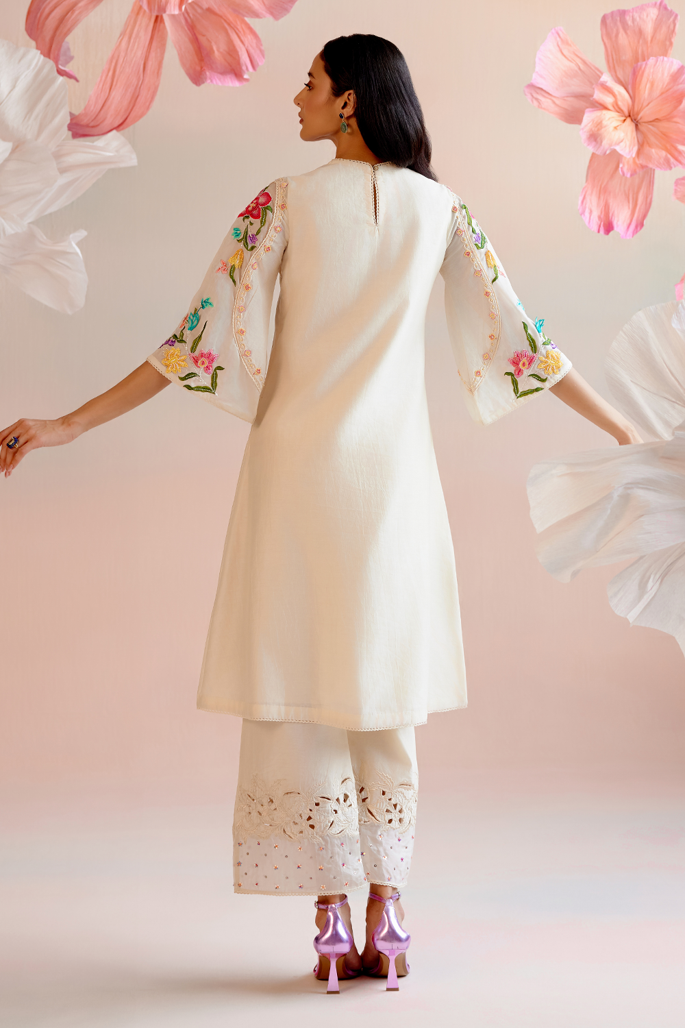 Ivory Floral Embroidered Yoke Detail Kurta and Pant