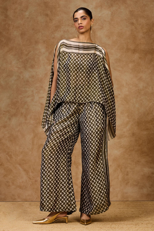 Olive Mosaic Kaftan Top And  Pants Set