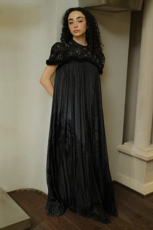 Black Jacquard Organza Embellished Flowy Dress
