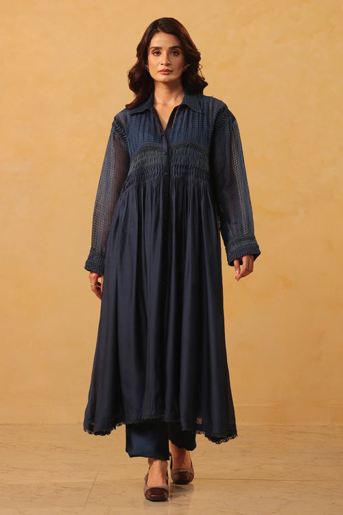 Vaayu Dark Blue Pintuck Collar Kurta Set