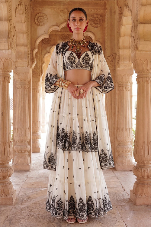 Black and White Tower Lehenga with Embroidered Jacket
