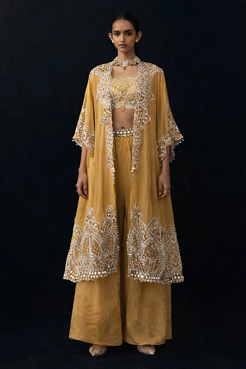 Silver Zari Mirrorwork Tissue Applique Cape with Bandeau and Palazzos