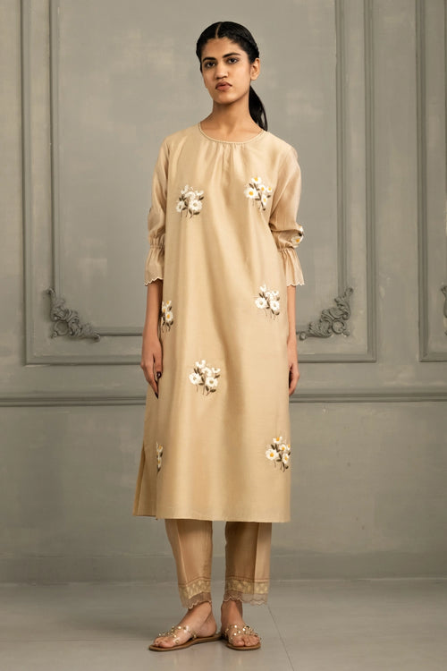 Beige Chanderi Embroidered Tunic Set
