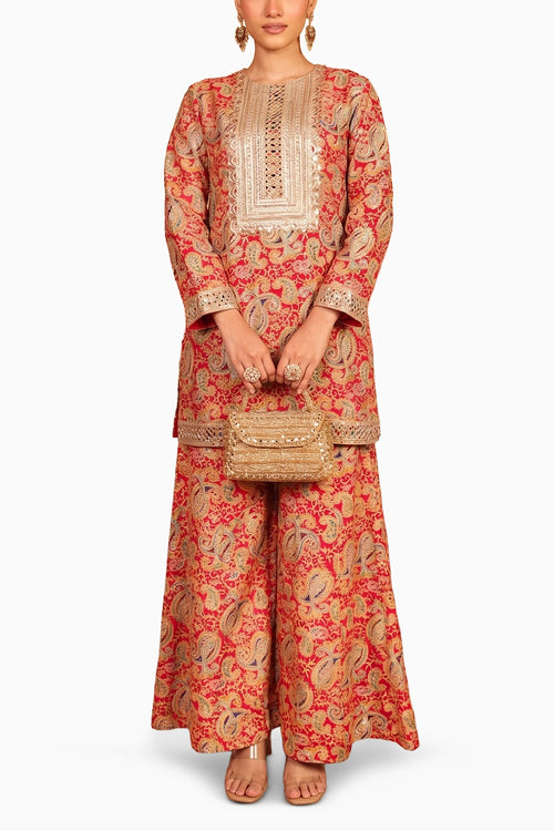 Tomato Red Elizey Paisley Embroidered Sharara Set