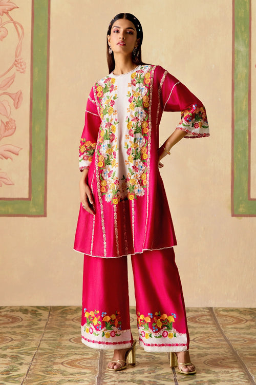 Fuchsia and Ivory Panelled Short Kurta with Flared Pants