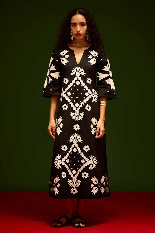Black Cotton Maxi Dress with Thread Embroidery