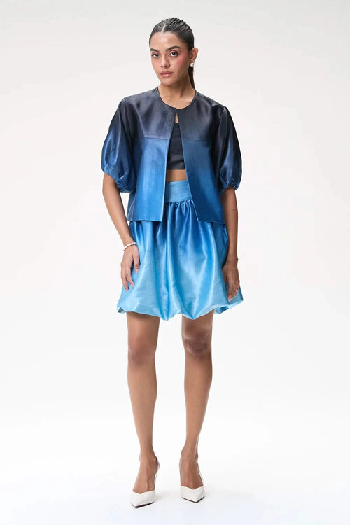 Midnight Blue Ombré Bubble Sleeve Crop Jacket with Mini Bubble Skirt