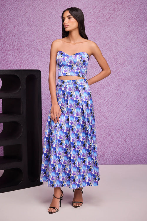 Blue Aquarelle Print Pleated Skirt