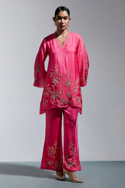 Raspberry Floral Embroidered Silk Co-ord Set