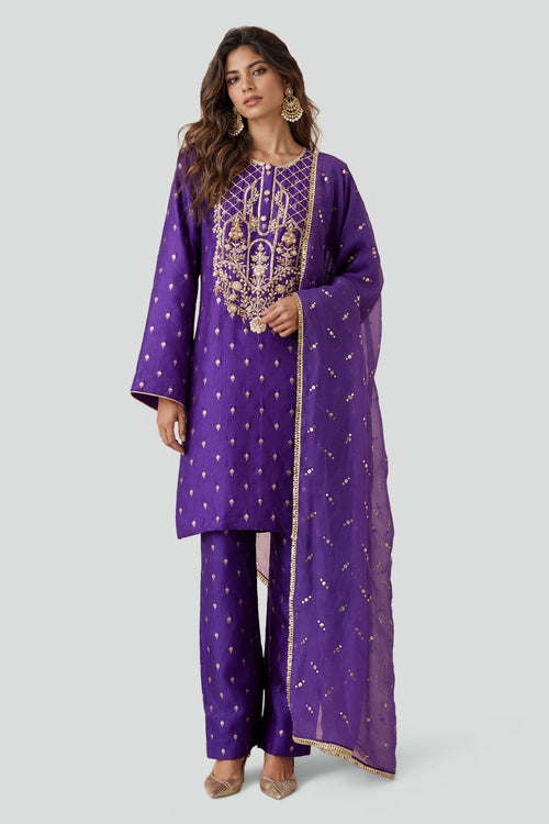 Purple Banarasi Yoke Kurta With Pant And Dupatta
