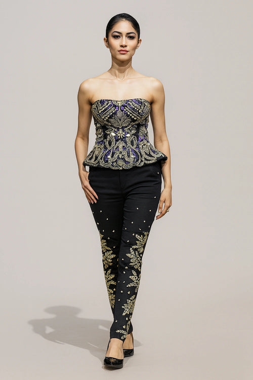 Elegant Black Co-ord Set With Strapless Top And Trousers