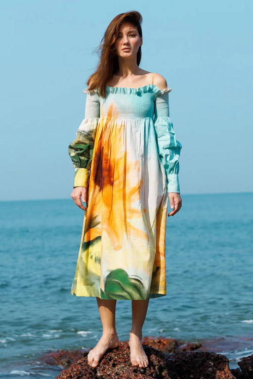 Sunflower Shirring Off-shoulder Dress