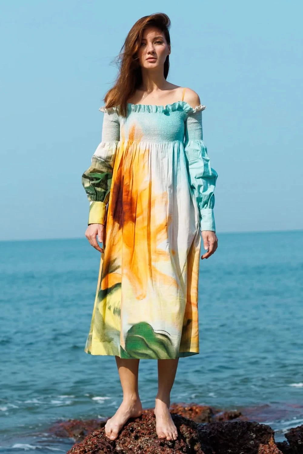 sunflower off the shoulder dress Rubi Sunflower Dress