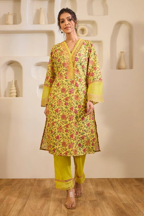 Dahlia Yellow Embroidered Cotton Kurta Set