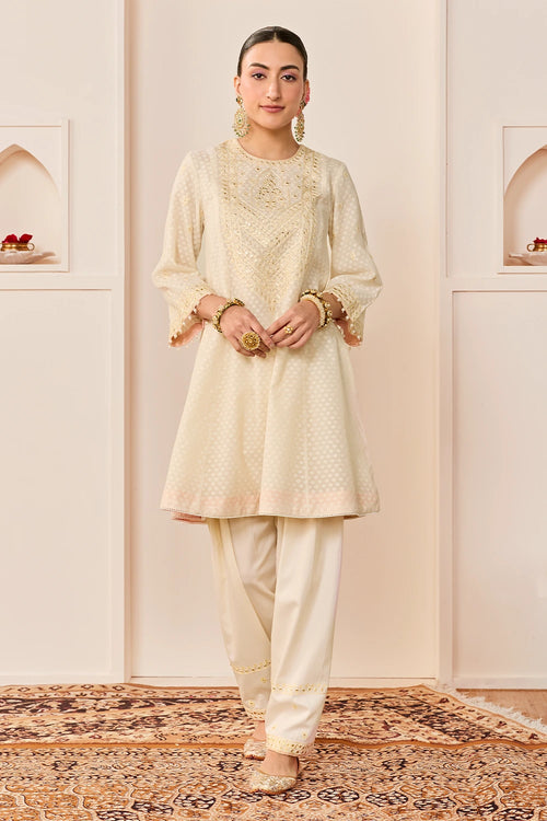 Nida Daisy Ivory Short Choga with Farshi Salwar and Dupatta