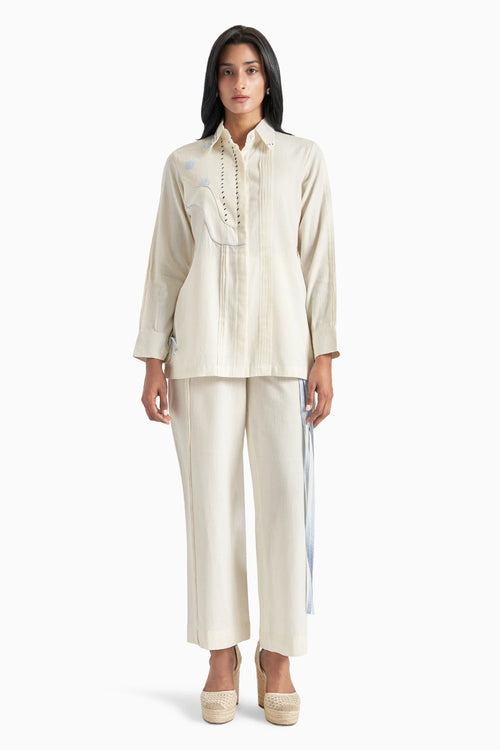 Beige Soft Cotton Curve Pleated Shirt And Pants Set