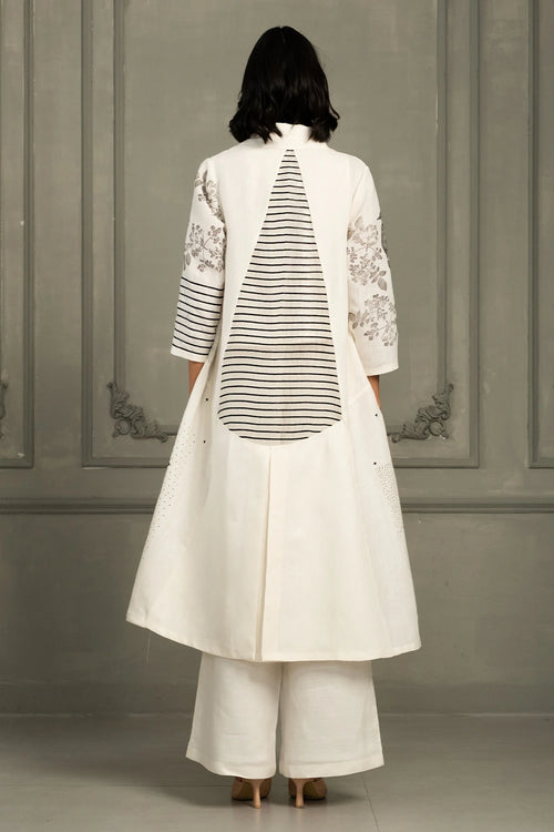 Ivory Embroidered Linen Jacket with Top And Flared Pants