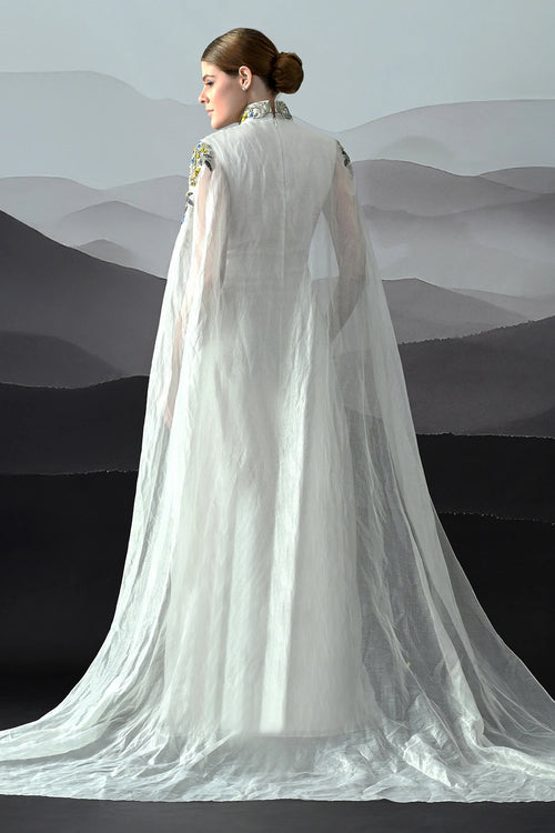 Ivory Gown With Hand-Embroidered Florals And Ethereal Overlay