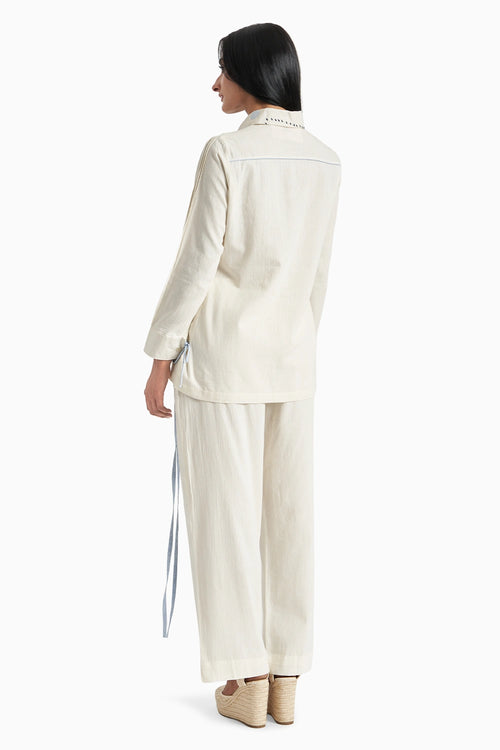 Beige Soft Cotton Curve Pleated Shirt And Pants Set