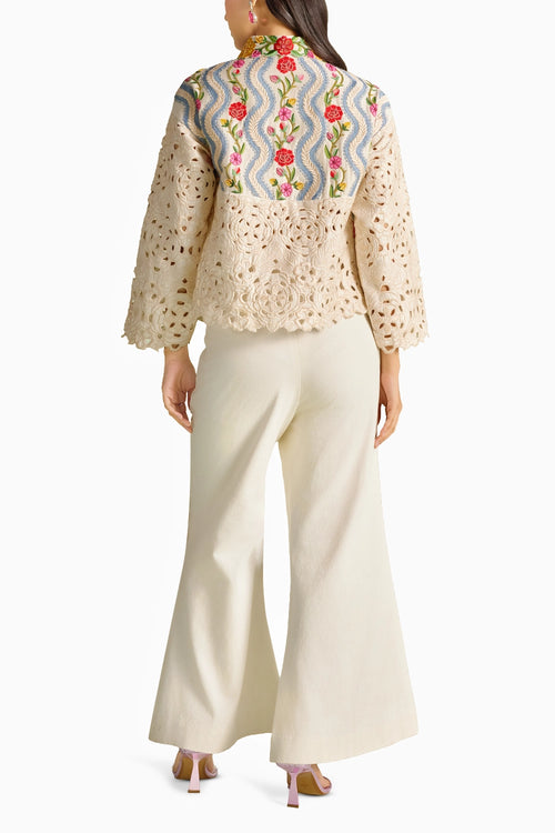 Ivory Striped Florals Short Jacket Set