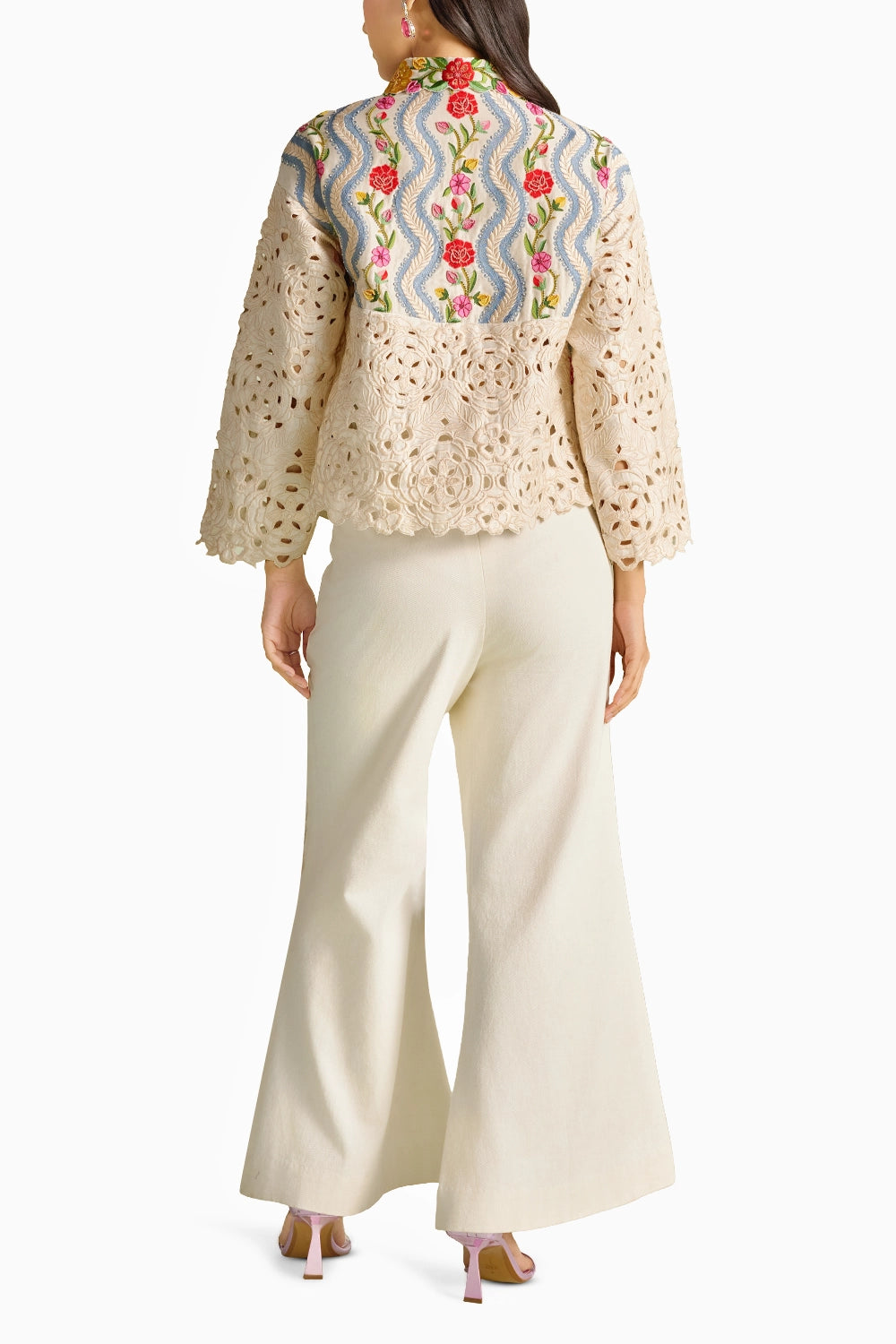 Ivory Striped Florals Short Jacket Set