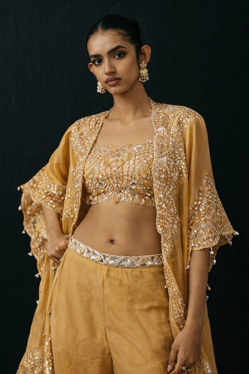 Silver Zari Mirrorwork Tissue Applique Cape with Bandeau and Palazzos
